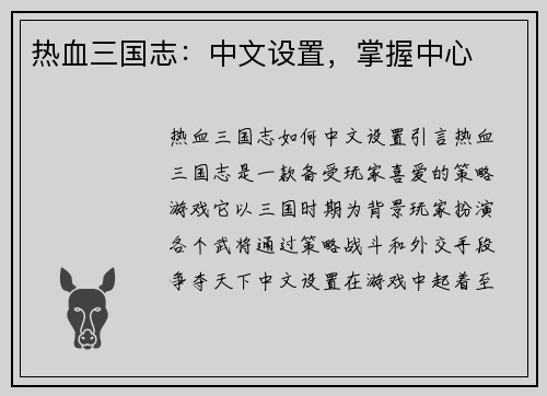 热血三国志:中文设置,掌握中心