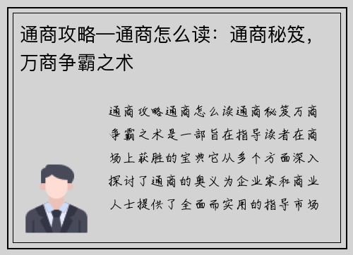 通商攻略—通商怎么读:通商秘笈,万商争霸之术